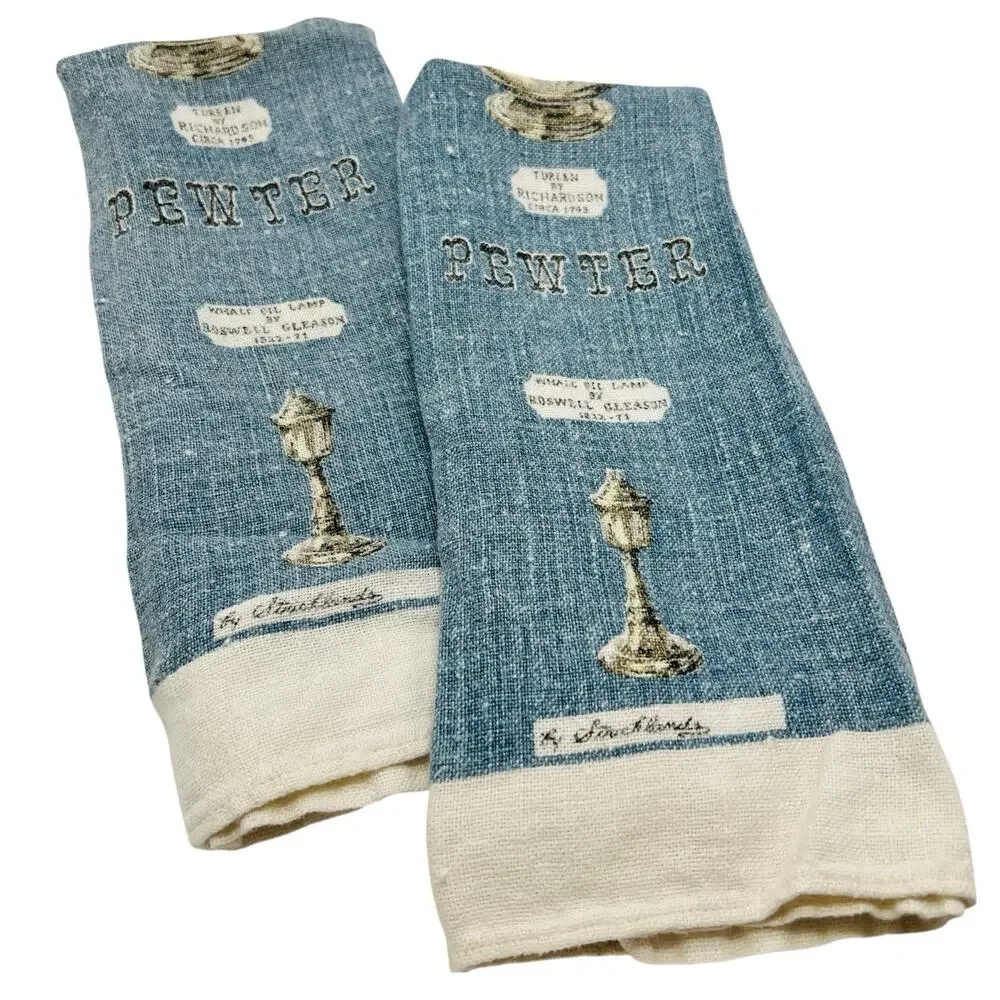 Kay Dee VTG 1950s MCM Hand Printed Linen Tea Towel Set American Pewter Kitchen‎